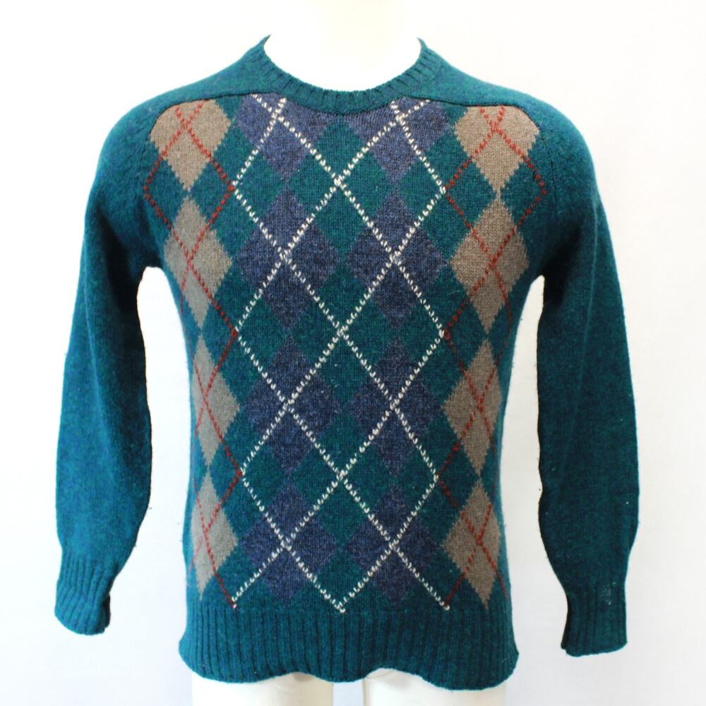 Allen Solly Green 100% Pure Wool Argyle Pullover Sweater Medium Made in Scotland